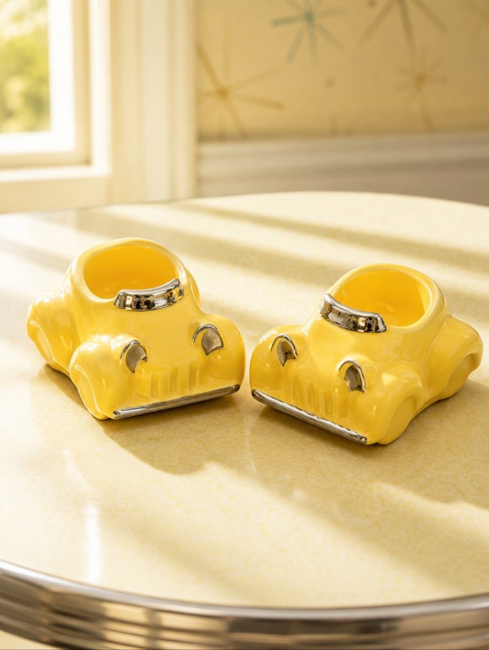 Mid Century Honiton Pottery Yellow Car Egg Cups Pair England